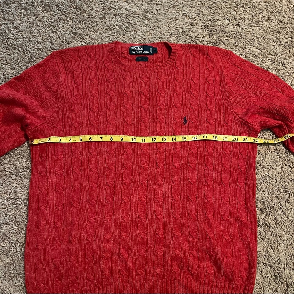 POLO RALPH LAUREN x Vintage 100% Silk Cable Knit Crew Sweater Red Heather Sz L - Picture 6 of 8